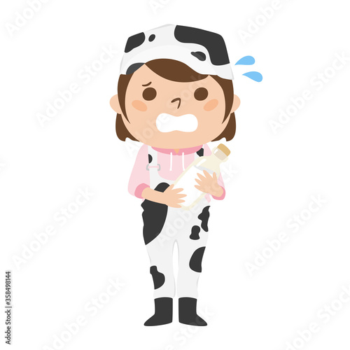 牛柄のつなぎを着た女性酪農家。汗をかいて、慌てる女性のイラスト。