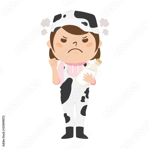 牛柄のつなぎを着た女性酪農家。怒ってる女性のイラスト。