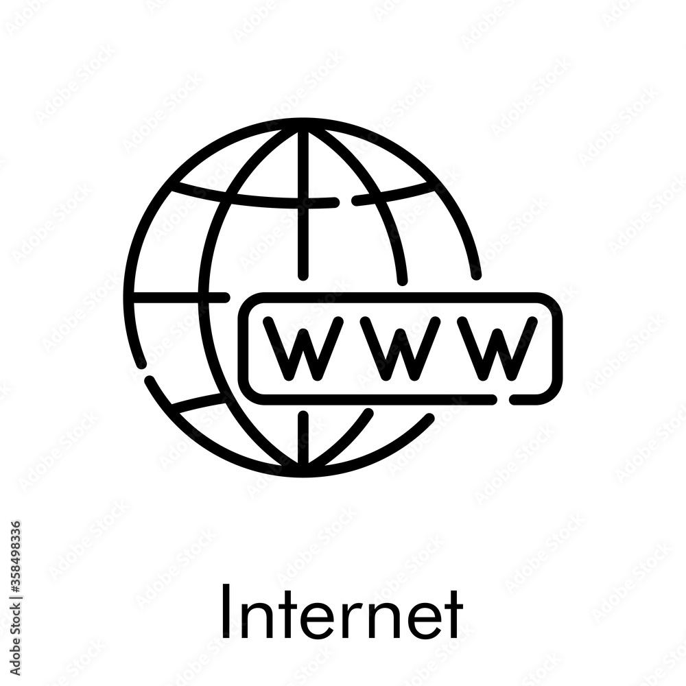 Concepto website. Icono plano lineal palabra www en globo terráqueo en color negro Concepto website. Icono plano lineal palabra www en globo terráqueo en color negro