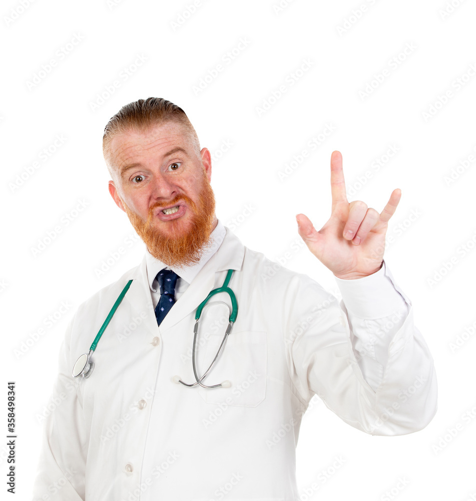 Funny redhead doctor wearing medical gown Funny redhead doctor wearing medical gown