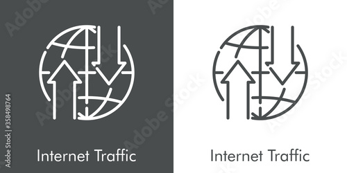 Concepto compartir datos en internet. Icono plano lineal globo terráqueo con flechas arriba y abajo con texto Internet Traffic en fondo gris y fondo blanco