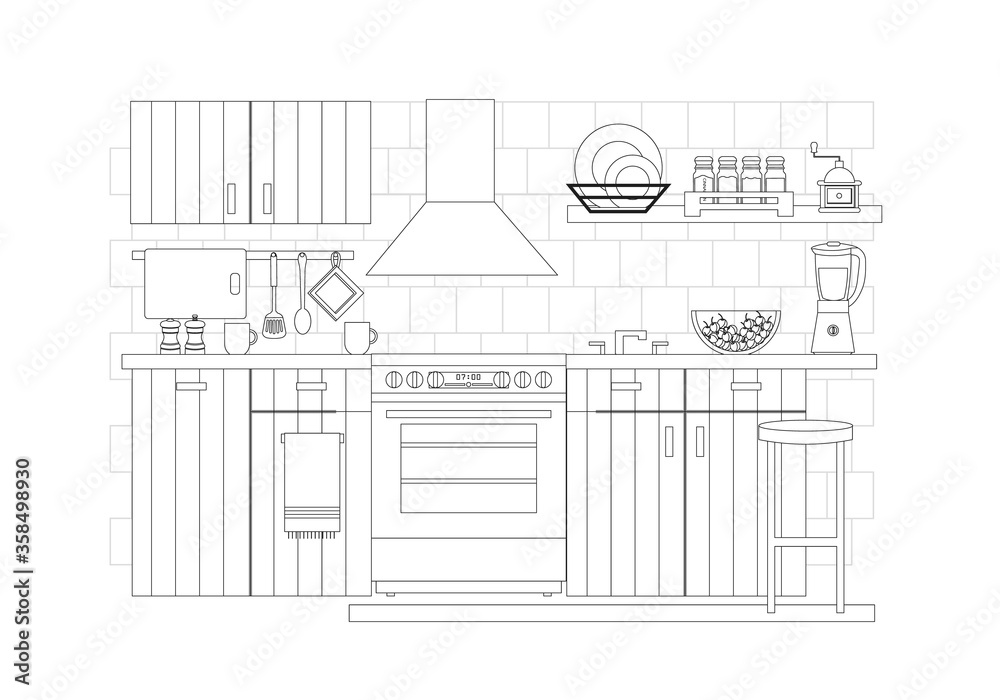 Kitchen interior, vector illustration in line art style