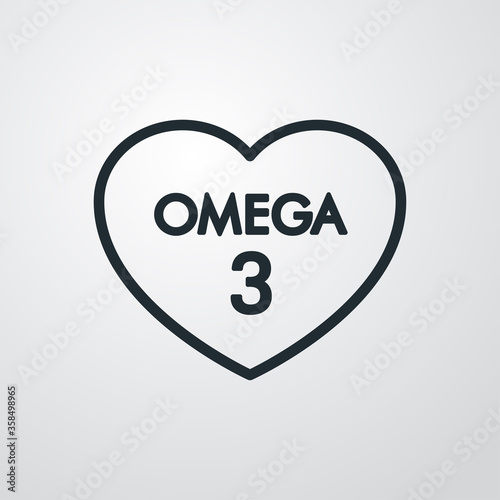 Concepto nutrición. Icono plano lineal con texto Omega 3 sobre corazón en fondo gris
