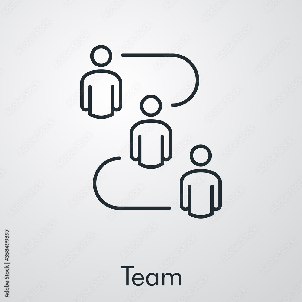 Concepto trabajo en equipo. Icono plano lineal grupo de hombres unidos por líneas en fondo gris Concepto trabajo en equipo. Icono plano lineal grupo de hombres unidos por líneas en fondo gris