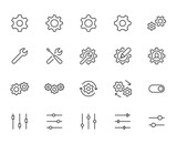 Gear, cogwheel line icons set. App settings button, slider, wrench tool, fix concept minimal vector illustrations. Simple flat outline signs for web interface. Pixel Perfect. Editable Stroke