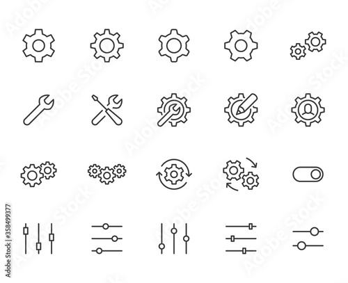 Gear, cogwheel line icons set. App settings button, slider, wrench tool, fix concept minimal vector illustrations. Simple flat outline signs for web interface. Pixel Perfect. Editable Stroke