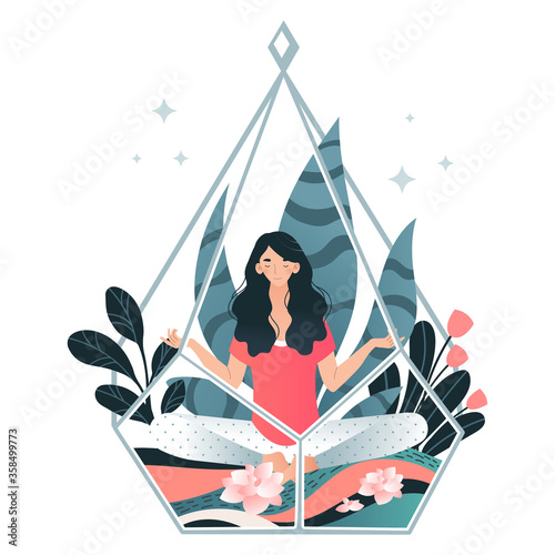 Woman character meditate yoga, female sitting relax blossom flower natural place isolated on white, flat vector illustration. Green plant floret asian style relaxed, breathing techniques rest.
