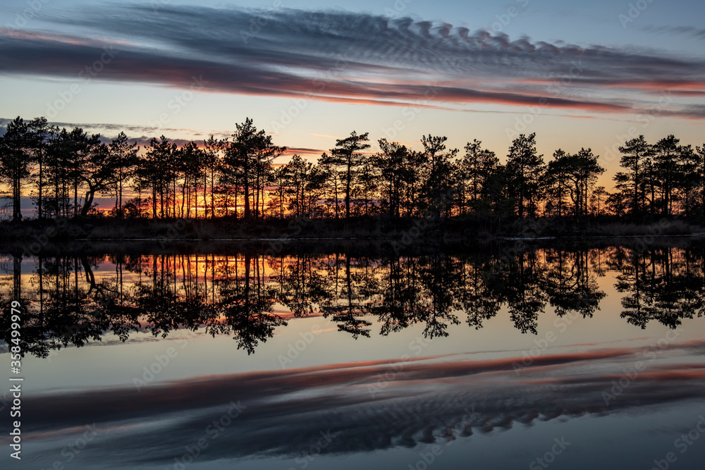 Fototapeta premium stunningly beautiful view of the evening sky over a forest lake