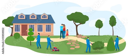 Fototapeta Naklejka Na Ścianę i Meble -  Garden vector illustration. Cartoon flat gardener workers people working in backyard, trimming green tree shrub with shears for gardening and landscape design, house for happy family isolated on white