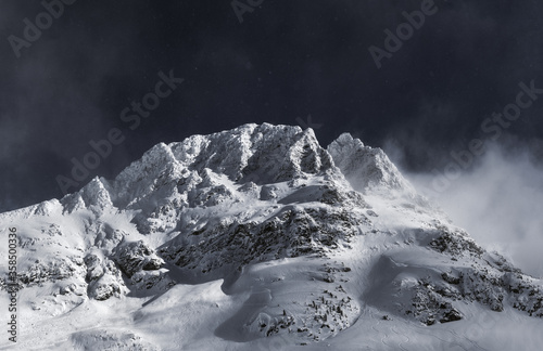 Dramatic panorama of ice-covered peak of Blackcomb Mountain and diamond dust in the Pacific Northwest
 photo
