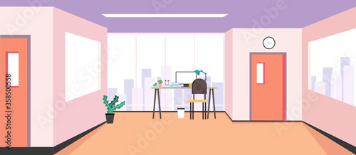 The design of a workplace, a modern office, a creative office workspace with large windows, interior furniture Vector illustration in flat design, website banner