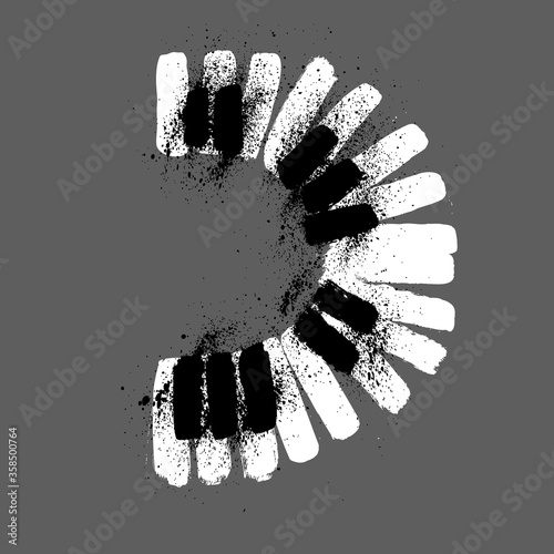 Brush ink illustration of piano keys, One single object, top view. Handdrawn liquid watercolor sketchy painting, element for creative design.