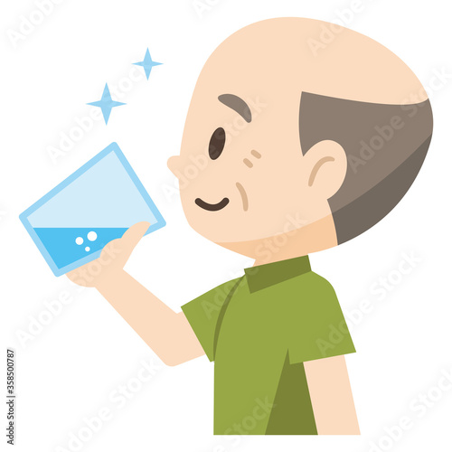 コップの水を飲む高齢者男性のイラストレーション