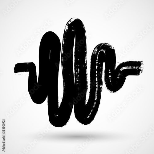 Hand drawn sound waves illustration. Marker or brush ink grunge hand drawn various black sound waves. Sketch of voice recording, radio signal frequency, white noise volume elements tune equalizer. 