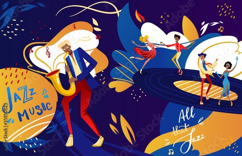 Jazz festival dance party vector illustration. Cartoon flat couple dancer people dancing to jazz music, musician man character playing saxophone, retro festive show in night club poster background