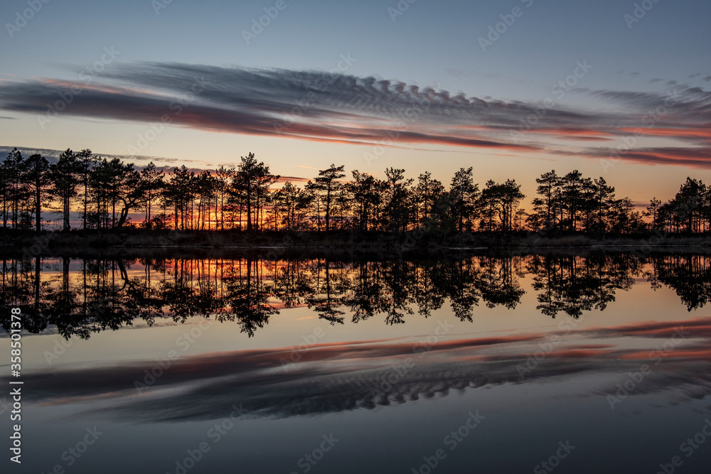 Fototapeta premium stunningly beautiful view of the evening sky over a forest lake