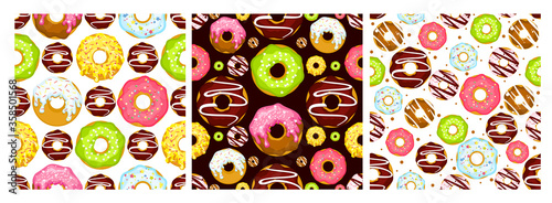 Vector seamless pattern with colorful donuts. Set of donuts with pink, green, chocolate, white, yellow, blue glaze sprinkles and different topping, decorations. Template for design.