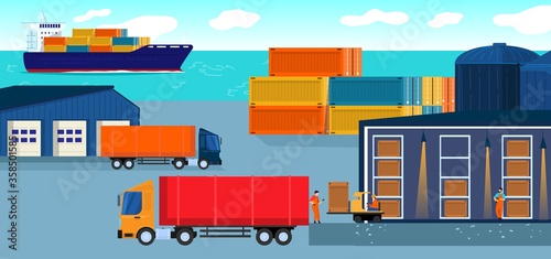 Fototapeta Naklejka Na Ścianę i Meble -  Warehouse logistic vector illustration. Cartoon flat worker people working in storehouse, loading packages boxes in courier truck, ship shipping goods, warehousing delivery cargo service background