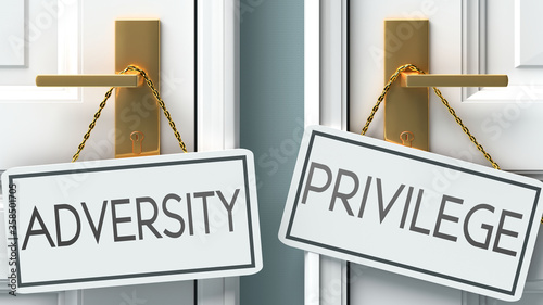 Adversity and privilege as a choice - pictured as words Adversity, privilege on doors to show that Adversity and privilege are opposite options while making decision, 3d illustration