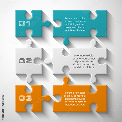 Three piece puzzle business presentation. Circle infograph. 3 step process diagram. Three section compare banner. Square schedule diagram