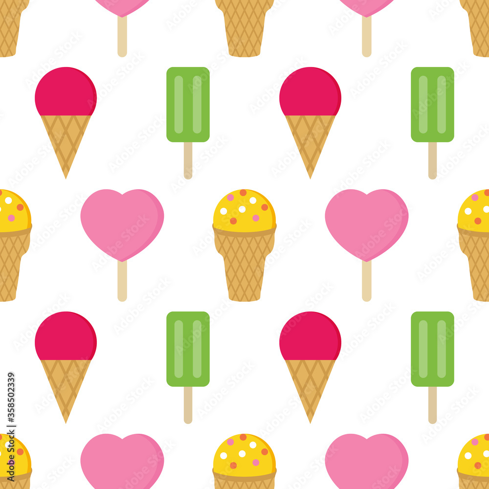 Cute colorful ice cream, popsicles, summer frozen sweets vector seamless pattern background. Cute colorful ice cream, popsicles, summer frozen sweets vector seamless pattern background.