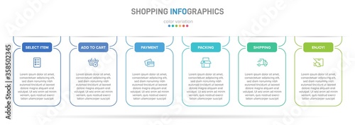Concept of shopping process with 6 successive steps. Six colorful graphic elements. Timeline design for brochure, presentation, web site. Infographic design layout.