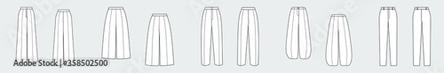 Pants, trousers. Set of female vector templates isolated on a grey background. Front and back view. Outline fashion technical sketch of clothes model.