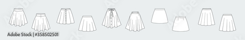 Skirt. Set of female vector templates isolated on a grey background. Front and back view. Outline fashion technical sketch of clothes model. photo