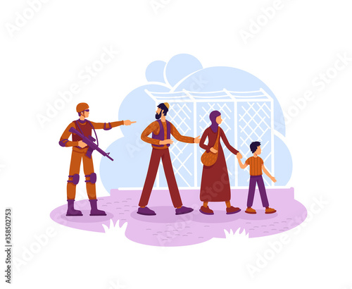 Refugees and guard 2D vector web banner, poster