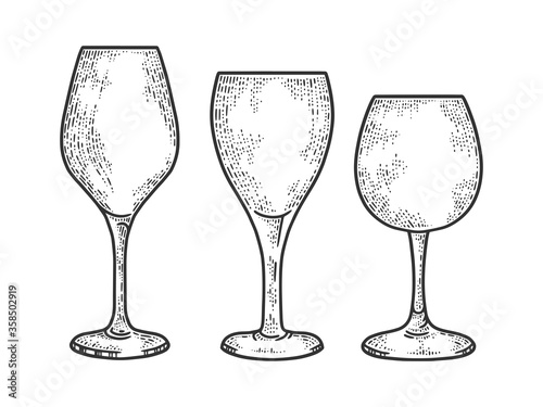 wine glasses set sketch engraving vector illustration. T-shirt apparel print design. Scratch board imitation. Black and white hand drawn image.