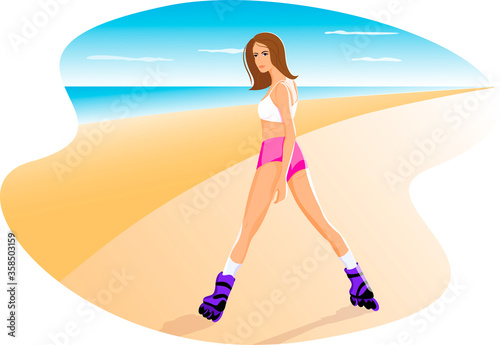 girl athlete rollerblading on a track near the ocean