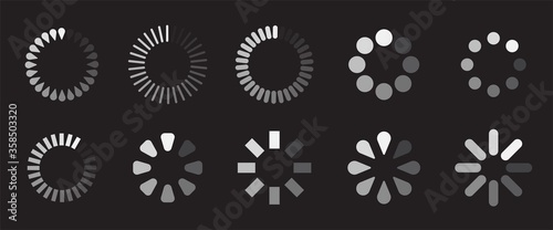 Circle loader icon collection. White round progress bar. Loading indicator set for web and application ui isolated on black background