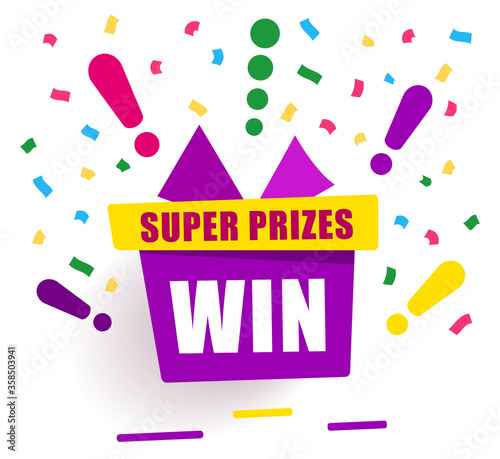 Super prizes win on purple gift box, loyalty program reward. Holiday gift box. Wonder gift with exclamation mark and confetti. Vector icon in modern flat style