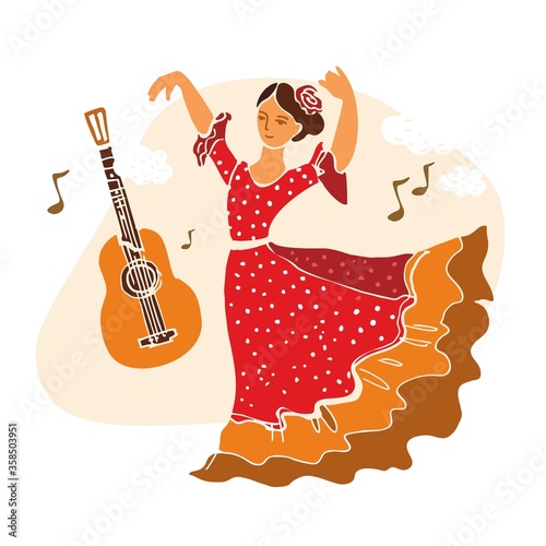 Girl dancer in a red dress in a dance pose with a guitar, notes on a white background hand dawn in a flat style. Poster, invitation to the flamenco festival. Banner dance party. Vector illustration.
