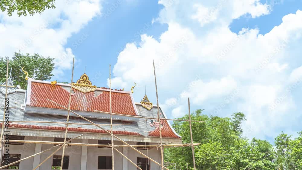 Timelapse 4K Church of Buddhist temple not finished under construction isolated on blue sky background closeup Thailand. Timelapse 4K Church of Buddhist temple not finished under construction isolated on blue sky background closeup Thailand.