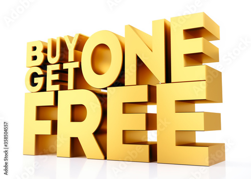 3D Gold Render - Buy 1 Get 1 Free on white background with reflection. photo