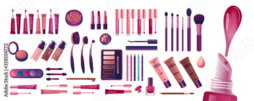 Cosmetics and fashion set with make up artist objects: lipstick, cream, brush. Realisic Vector Illustration.