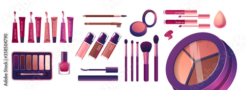 Cosmetics and fashion set with make up artist objects: lipstick, cream, brush. Realisic Vector Illustration.