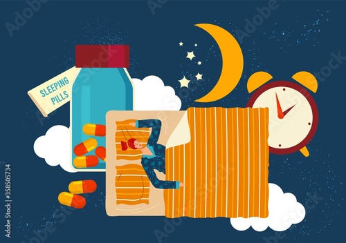 People sleep in bed flat vector illustration. Cartoon tiny woman character in pajamas sleeping well with insomnia medicines pills at night sleep time in bedroom, sleepless medical problem background