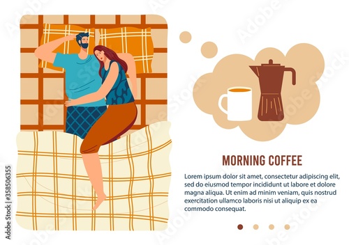 People sleep in bed flat vector illustration. Cartoon couple man woman characters hugging, sleeping together under cozy blanket in bedtime, woke up in morning for coffee cup top view hand drawn banner