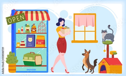 Pet shop flat vector illustration. Cartoon woman pet owner character shopping and buying food, care product vet accessories and toy for dog or cat animal in petshop retail store isolated on white