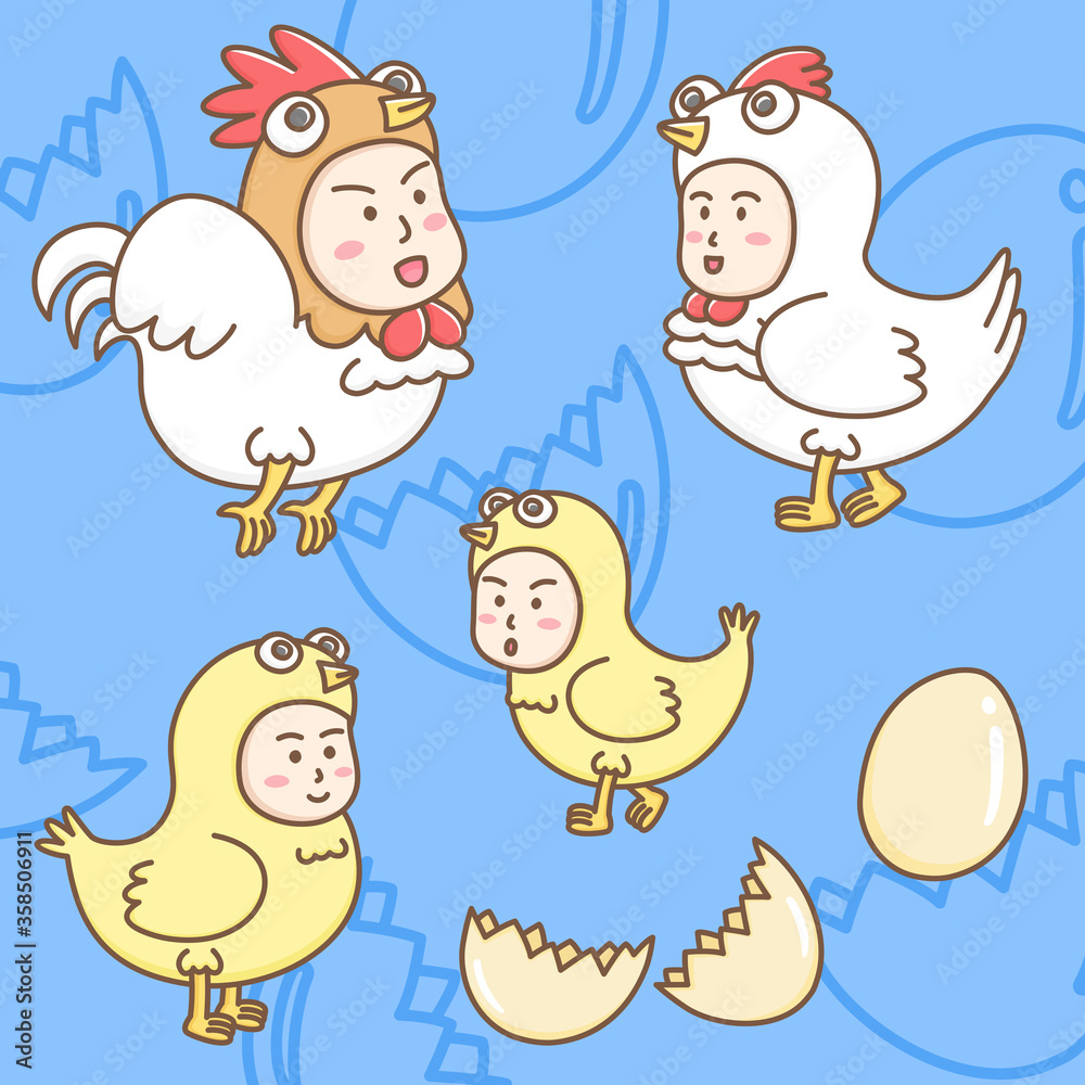Design elements vector of cute cartoon characters in chicken mascots. Kawaii chicken mascot cartoon characters design. Design elements vector of cute cartoon characters in chicken mascots. Kawaii chicken mascot cartoon characters design.