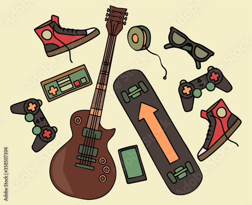 Set of vector hand-drawn teenage items. Hobby.