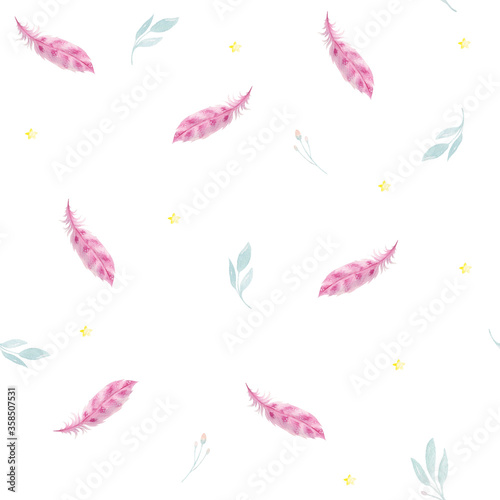 Watercolor seamless pattern with feathers, flowers, bohemian watercolour decoration pattern. Design for invitation, wedding or greeting cards