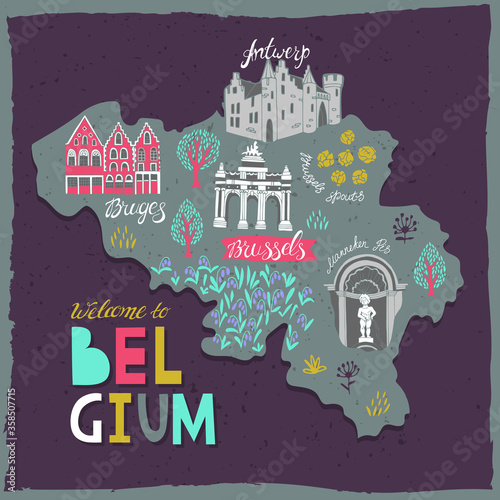 Illustrated map of Belgium. Landmarks and national symbols of the country photo