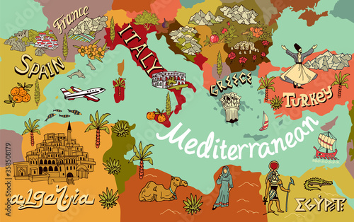 Illustrated map of Mediterranean. Landmarks and national symbols of the countries