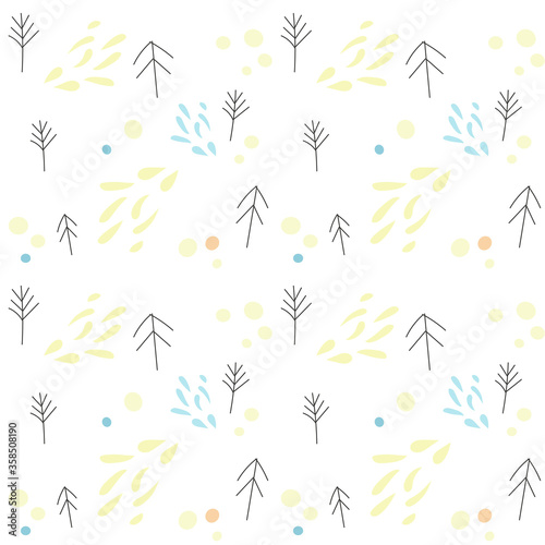 Cute and simple hand drawn vector pattern  seamless background with wild forest. Hand made 