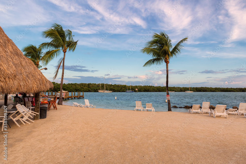 Beach resort and palm trees at sunset on a tropical island Key Largo, Florida, USA