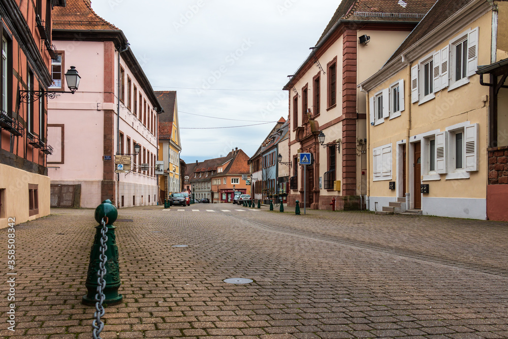 Road, Buildings and Town Hall of Lauterbourg, Wissembourg, Bas-Rhin, Grand Est, France