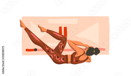Hand drawn vector abstract stock flat graphic illustration with young happy female, doing fitness on mat and watching online training video isolated on white background